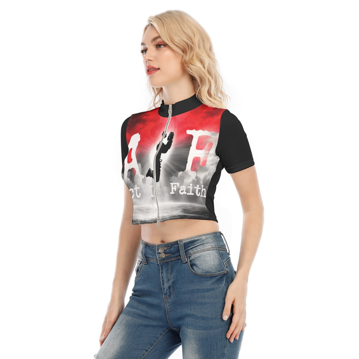 All-Over Print Women's Short Sleeve T-shirt With Two-way Zipper