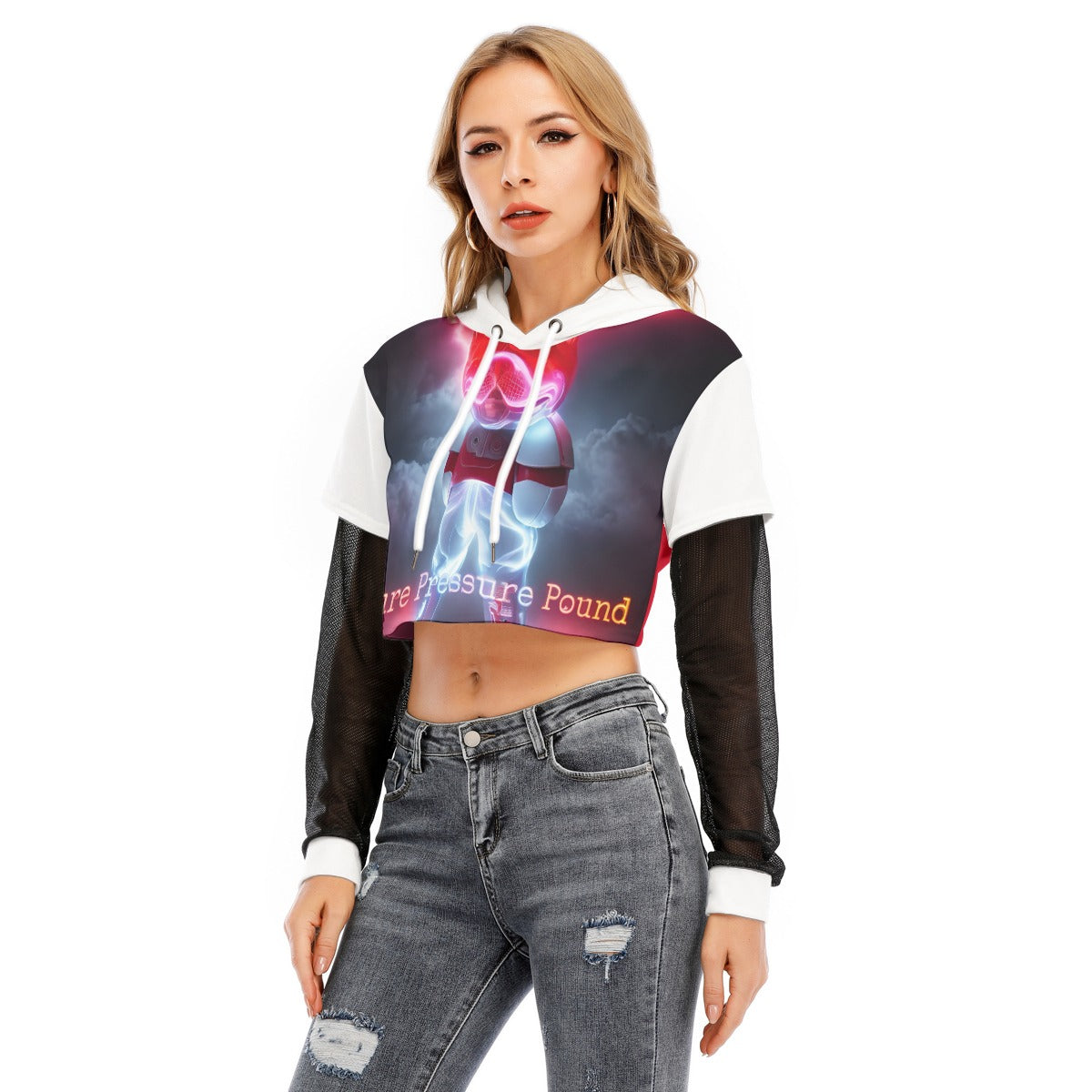 All-Over Print Women's Fake Two-piece Mesh Sleeve Cropped Hoodie