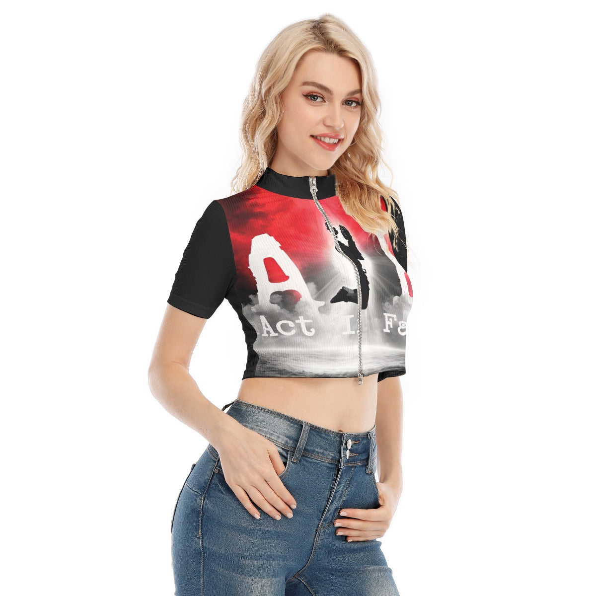 All-Over Print Women's Short Sleeve T-shirt With Two-way Zipper