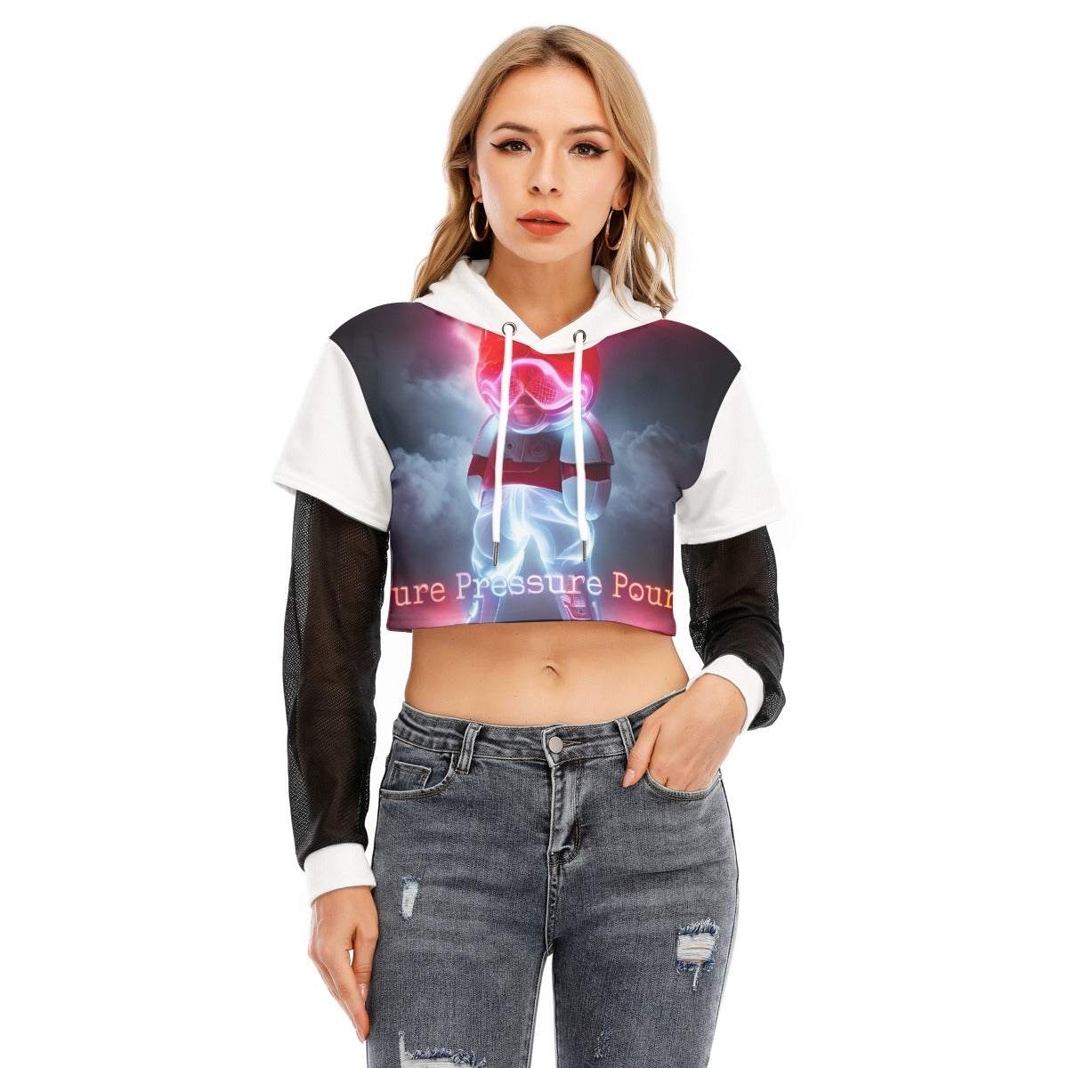 All-Over Print Women's Fake Two-piece Mesh Sleeve Cropped Hoodie