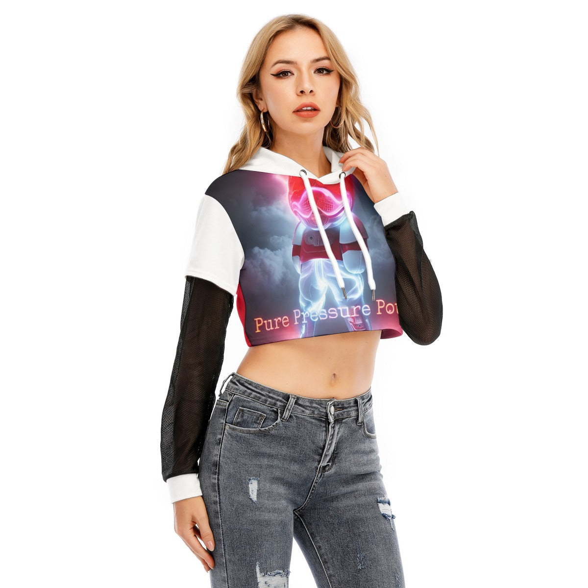 All-Over Print Women's Fake Two-piece Mesh Sleeve Cropped Hoodie