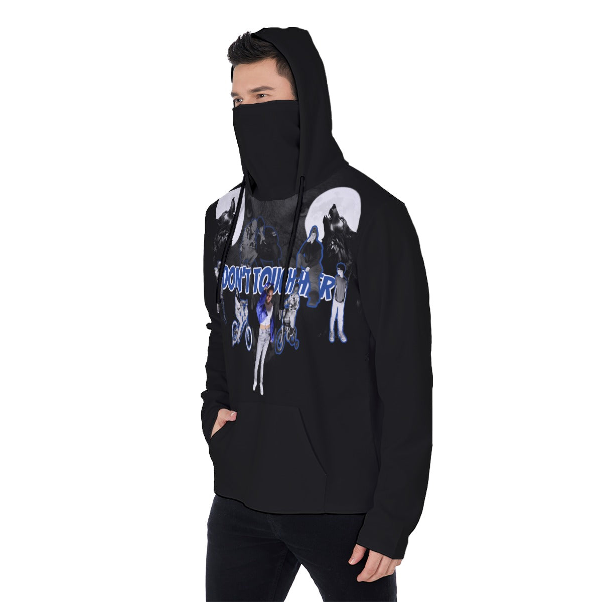 Don’t Touch Her Royal Blue Men's Pullover Hoodie With Mask